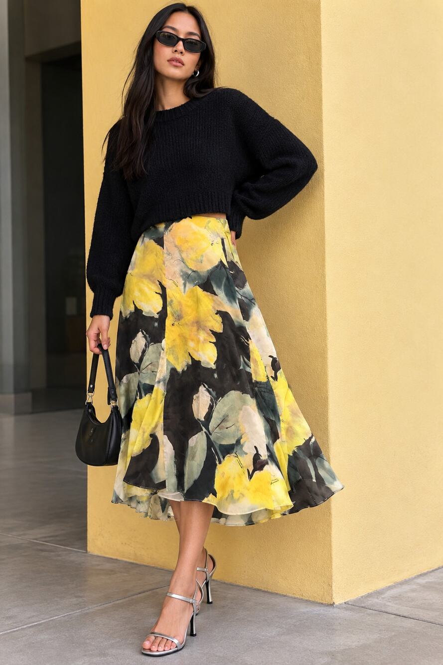Emanuel Ungaro Size 10 Silk Floral Midi Skirt Yellow Green Black